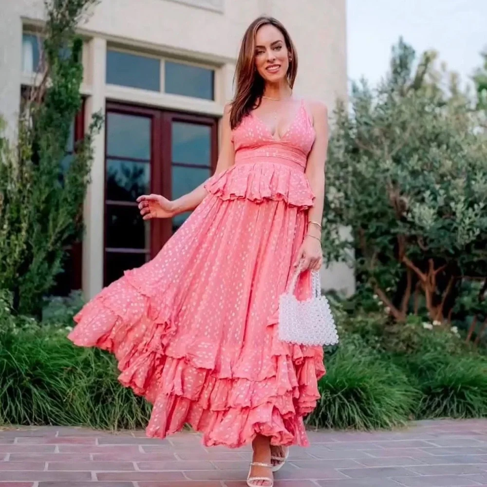 NWT Rococo Sand Aria Ruffle Metallic Maxi Dress Peach - Picture 6 of 10